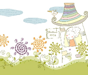Kwiaty, Dziewczynka, Fantasy, Domek