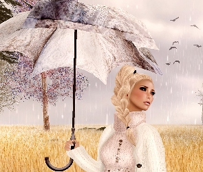 Grafika 2D, Deszcz, Kobieta, Parasol