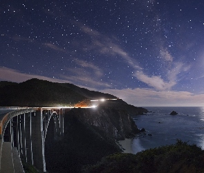 Noc, Kalifornia, Księżyca, Światło, Most Bixby