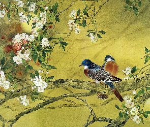 Ptaszki, Kwiaty, Obraz