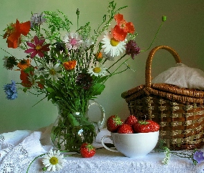 Różnych, Truskawki, Kosz, Kwiatów, Bukiet
