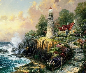 Wybrzeże, Thomas Kinkade, Latarnia morska, Ścieżka, Morze