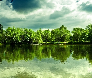 Drzewa, Jezioro, Chmury