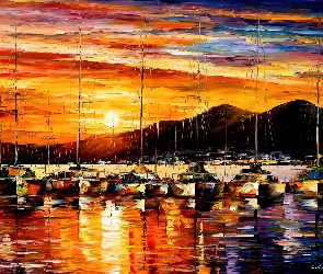 Leonid Afremov, Zachód słońca, Góry, Żaglówki, Reprodukcja obrazu