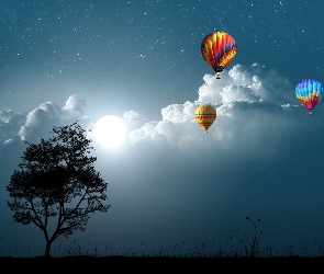 Chmury, Balony, Drzewo