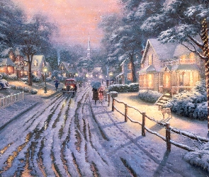 Zima, Thomas Kinkade, Miasteczko, Malarstwo, Ulica