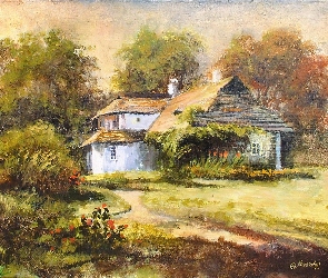 Krystyna Jasińska, Obraz, Wieś, Domek, Lato, Malarstwo