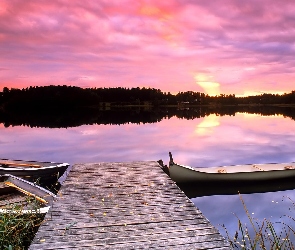 Jezioro, Łódki, Słońca, Zachód