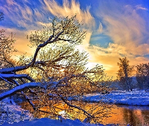 Zima, Słońca, Zachód, Rzeka, Drzewa
