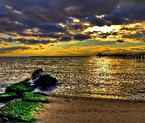 Zachód, Molo, Plaża, Słońca, Morze