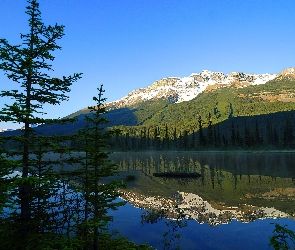 Góry, Kanada, Alberta, Drzewa, Jezioro