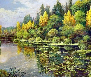 Rzeka, Obraz, Jesień, Las