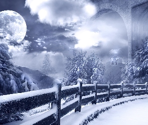 Księżyc, Noc, Drzewa, Zima
