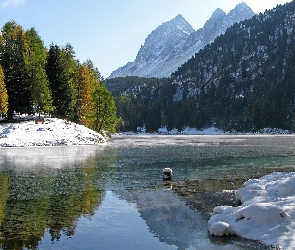 Góry, Śnieg, Drzewa, Jezioro