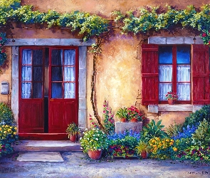 Dom, Kwiaty, Drzwi, Okno