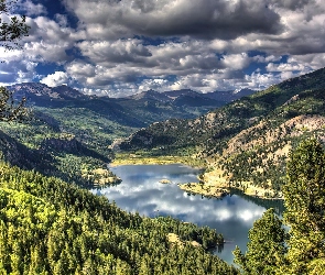 Jezioro, Las, Chmury, Góry