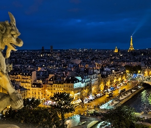 Panorama, Posąg, Noc, Paryż