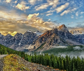 Zachód, Las, Skały, Mgła, Słońca