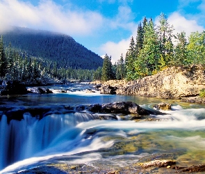 Rzeka, Kanada, Alberta, Drzewa, Wodospad