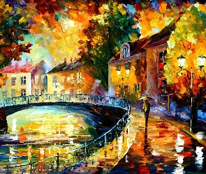 Jesień, Leonid Afremov, Obraz, Ulica