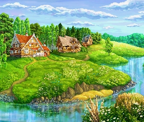 Domki, Wieś, Rzeką, Nad, Krajobraz
