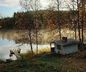 Jesień, Pomost, Domek, Jeziorko, Drzewa