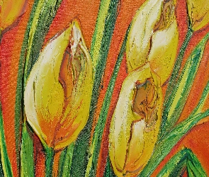 Olejny, Obraz, Żółte, Tulipany
