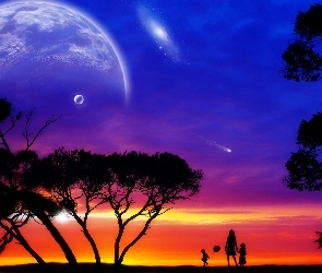 Niebo, Zachód, Osoby, Planety, Drzewa, Księżyc