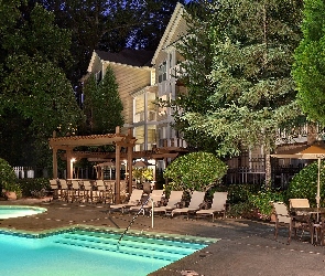 Zieleń, Drzewa, Hotel, Basen