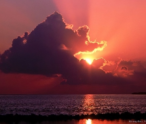 Chmura, Morze, Przebijające Światło, Zachód Słońca