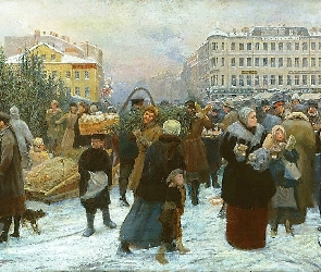 Malarstwo, Zima, Targowisko, Ludzie