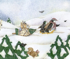 Śnieg, Choinka, Sanie, Pingwiny, Zima