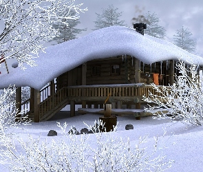 Drzewka, Śnieg, Domek, Zima