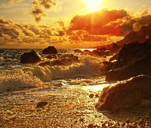 Morze, Słońce, Skały, Fale