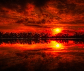 Słońca, Niebo, Czerwone, Jezioro, Zachód
