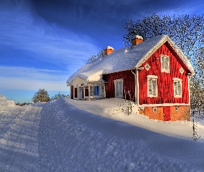 Dom, Droga, Śnieg, Niebo
