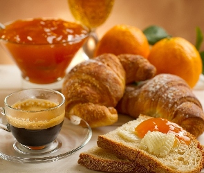 Chleb, Pomarańcze, Galaretka, Rogalik, Kawa