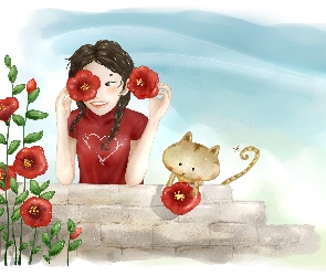 Dziewczyna, Kwiaty, Kot