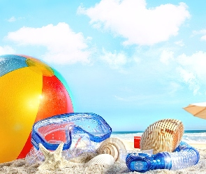 Wakacje, Maska, Piłka, Lato, Muszelki, Plaża, Parasol