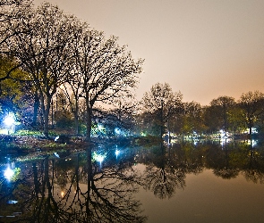 Jezioro, Park, Zmierzch, Oświetlony