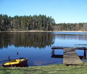 Jezioro, Odbicie, Łódka, Pomost, Las