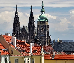 Praga, Czechy, Chmury, Św. Witta, Domy, Dachy, Katedra