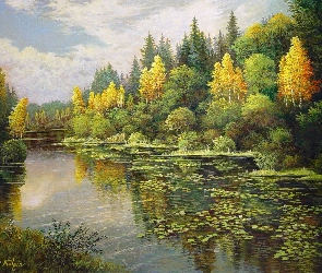 Jezioro, Mark Kalpin, Jesień, Malarstwo, Las