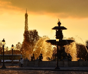 Słońca, Zachód, Wieża, Paryż, Eiffla, Fontanna