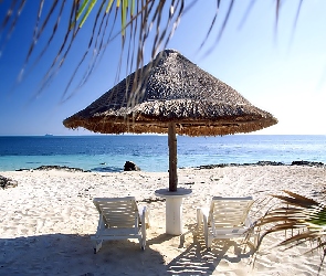 Plaża, Tropik, Leżaki, Parasol, Ocean