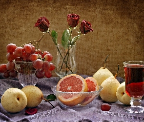 Owoce, Róże, Gruszki, Kompozycja, Wino, Winogrona, Grejfruty