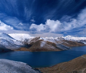 Ośnieżone, Norwegia, Chmury, Góry, Jezioro