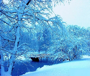 Zima, Drzewa, Mostek, Ośnieżone, Rzeka