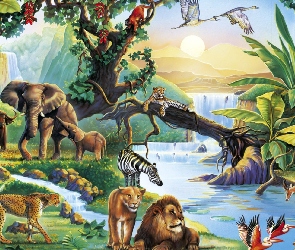 Zwierzęta, Safari, Wodospad