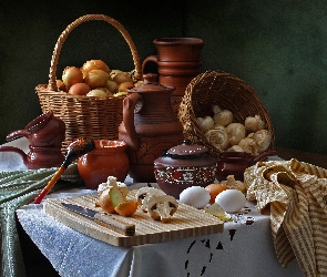 Ceramiczne, Stół, Pieczarki, Naczynia, Cebula